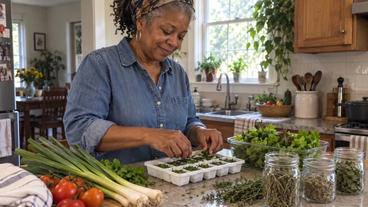 Home cook freezing chopped herbs and filling jars with dried herbs, a harvest idea for a 4 Foot Farm Blueprint garden