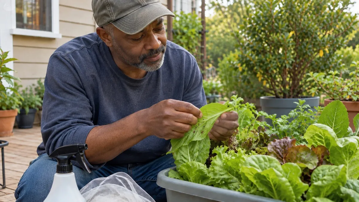 Gardener inspecting a chewed lettuce leaf in a raised planter, the kind of hands-on moment where printed 4 Foot Farm Blueprint pages are easier than a phone