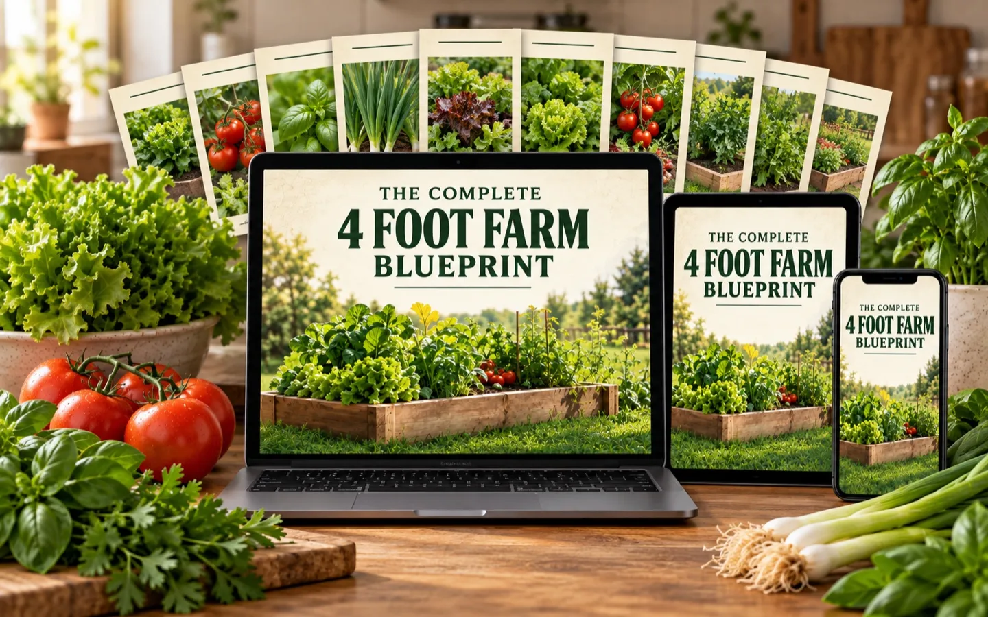 The 4 Foot Farm Blueprint guide displayed on a laptop, tablet and phone next to printed guide cards and fresh vegetables