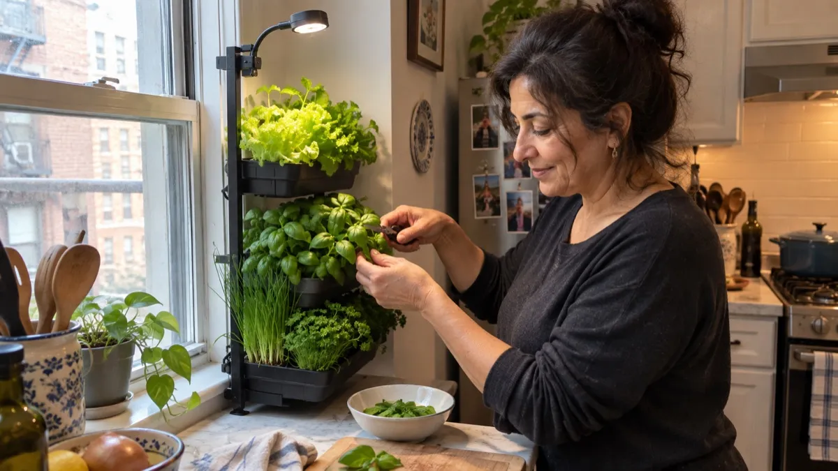 Gardener picking basil from a compact tiered indoor grow stand, one small-space location idea for the 4 Foot Farm Blueprint